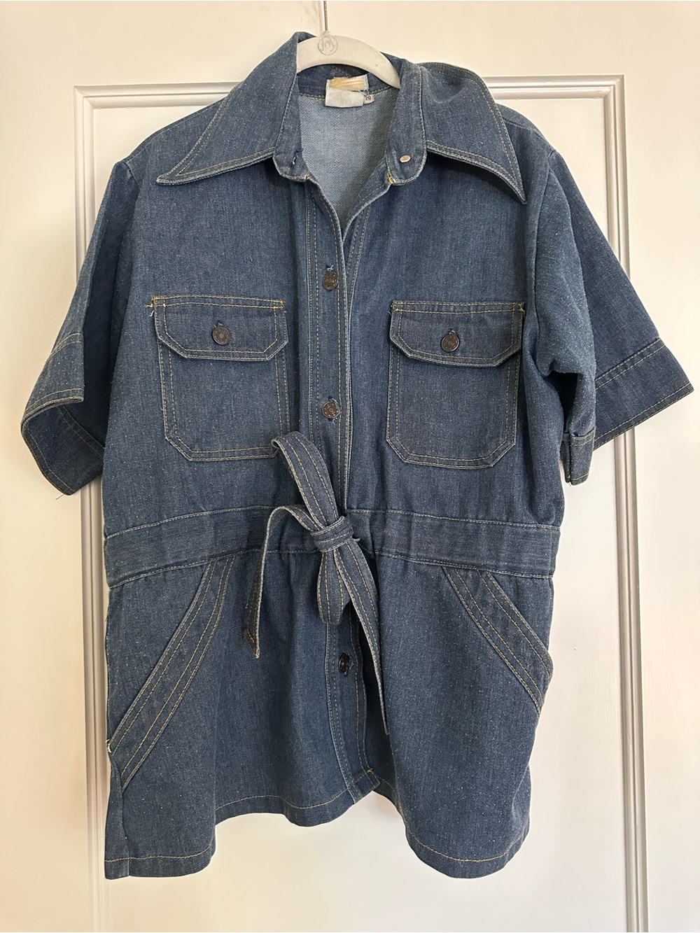 Vintage Blue Denim Short-Sleeve Tie-Waist Jacket